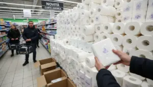 Scaffale del supermercato con grandi pile di rotoli di carta igienica e una persona che tiene una confezione in mano