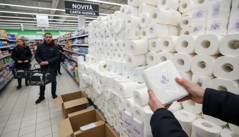 Scaffale del supermercato con grandi pile di rotoli di carta igienica e una persona che tiene una confezione in mano