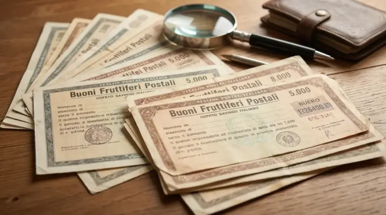 Buoni fruttiferi postali italiani disposti su un tavolo con lente d'ingrandimento e portafoglio
