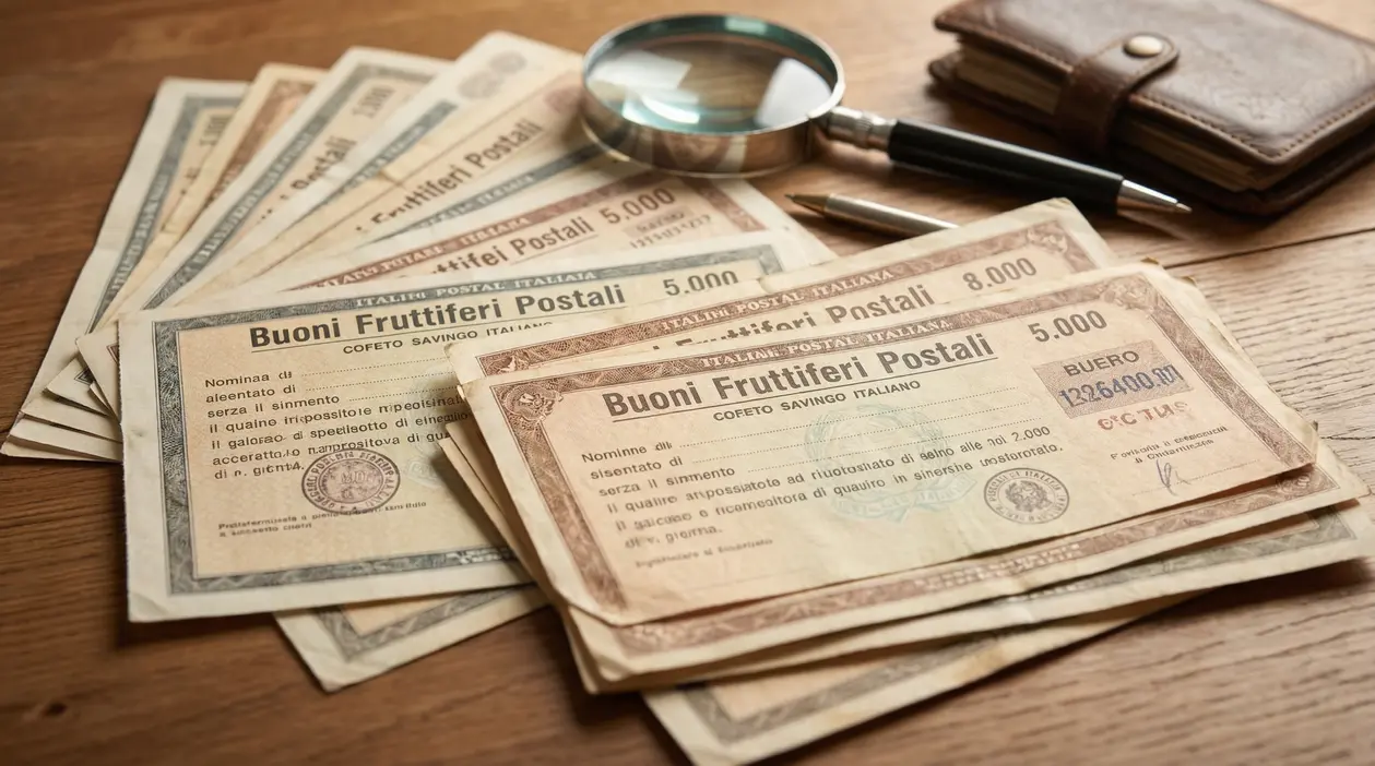 Buoni fruttiferi postali italiani disposti su un tavolo con lente d'ingrandimento e portafoglio