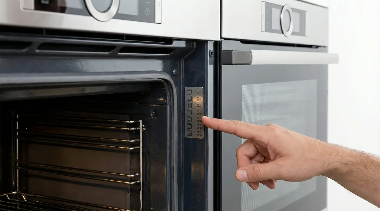 Mano che seleziona una funzione o temperatura all'interno di un forno moderno