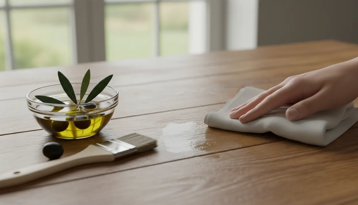 Mano che passa un panno su un tavolo in legno con olio d’oliva, ciotola e pennello accanto