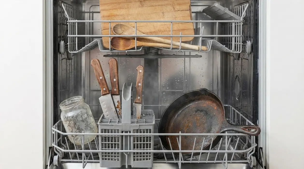 Interno di una lavastoviglie con tagliere e cucchiai di legno, coltelli, barattolo di vetro e padella in ghisa