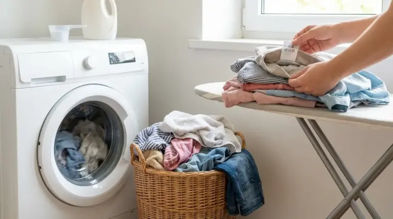 Persona che piega indumenti su asse da stiro vicino a lavatrice e cesto della biancheria