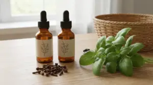 Flaconi di oli essenziali con basilico e chiodi di garofano su un tavolo, con una mosca appoggiata su una foglia