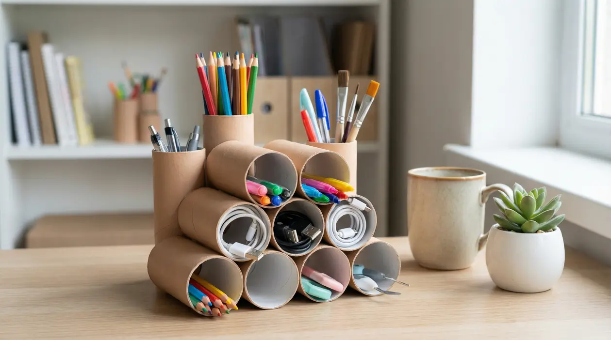 Rotoli di carta igienica riutilizzati come organizer per penne, cavi e utensili su una scrivania