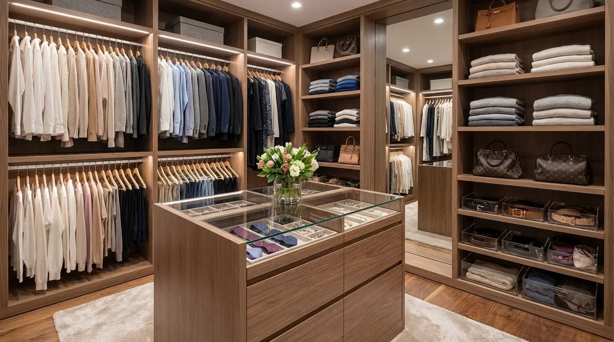 Cabina armadio ordinata con abiti appesi, scaffali per maglie e accessori, e cassettiera centrale con vassoi divisori