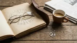 Tavolo con libro di astrologia, occhiali, tazza di caffè e simbolo zodiacale