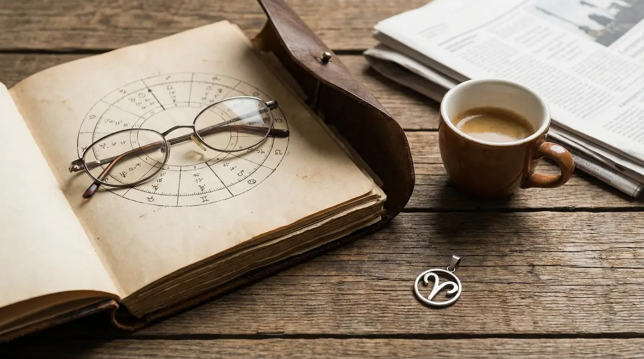 Tavolo con libro di astrologia, occhiali, tazza di caffè e simbolo zodiacale