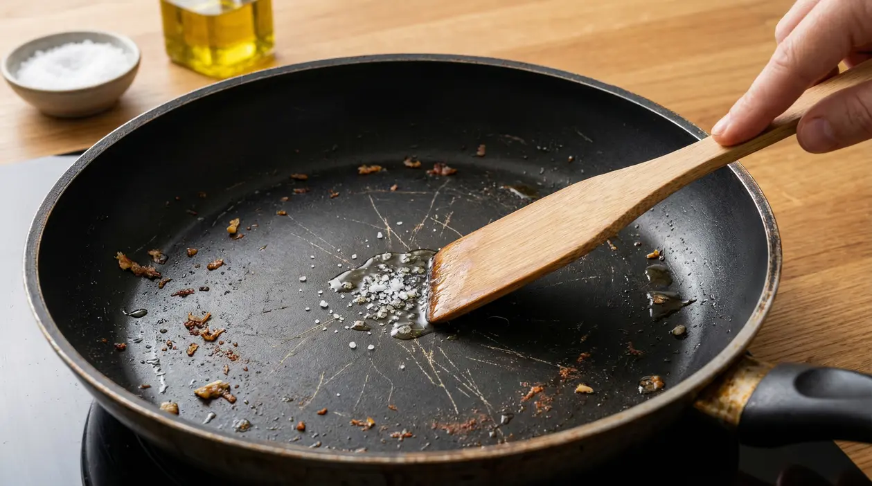 Padella usurata con residui di cibo e sale grosso, pulita con una spatola di legno