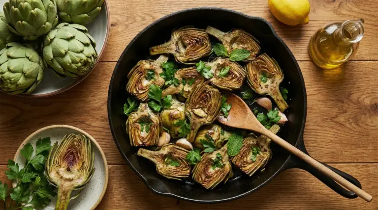 Carciofi tagliati e cucinati in padella con prezzemolo e aglio su un tavolo di legno