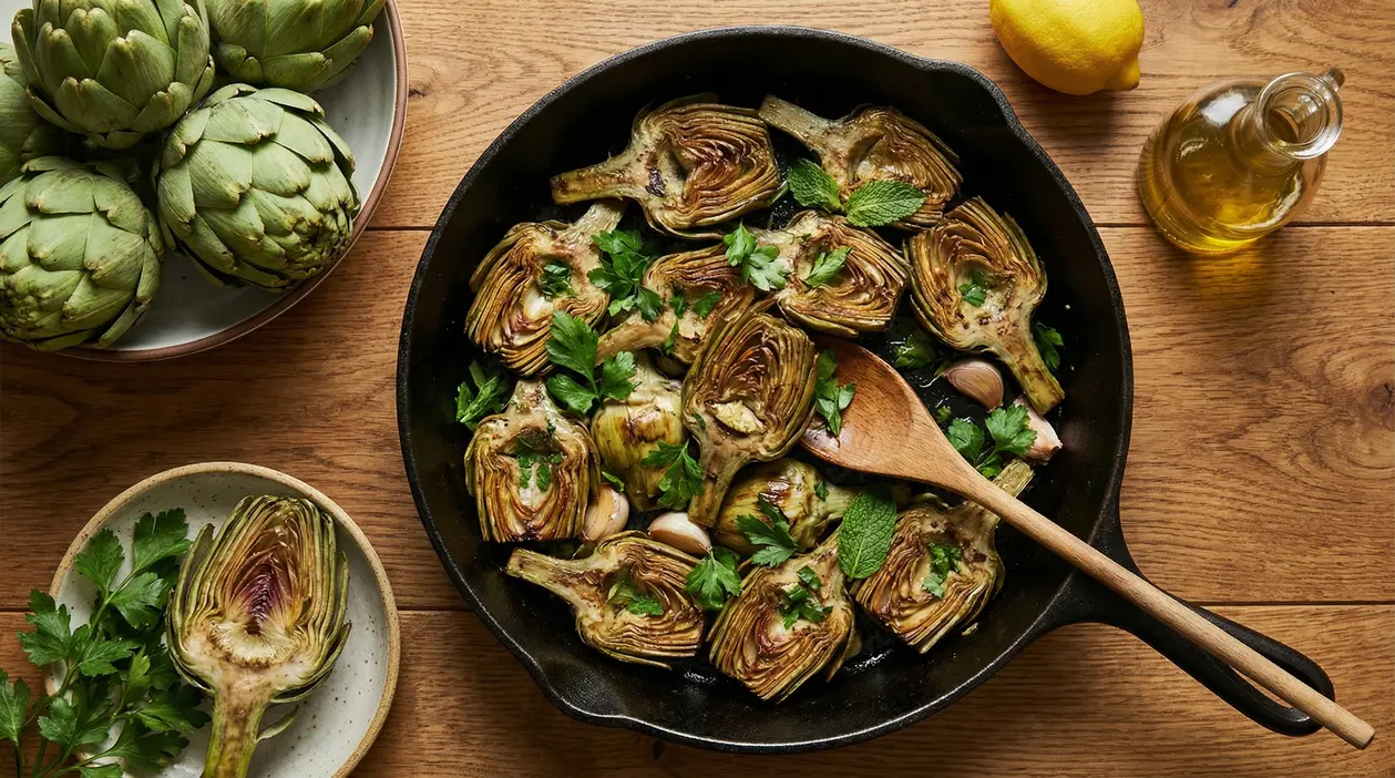 Carciofi tagliati e cucinati in padella con prezzemolo e aglio su un tavolo di legno