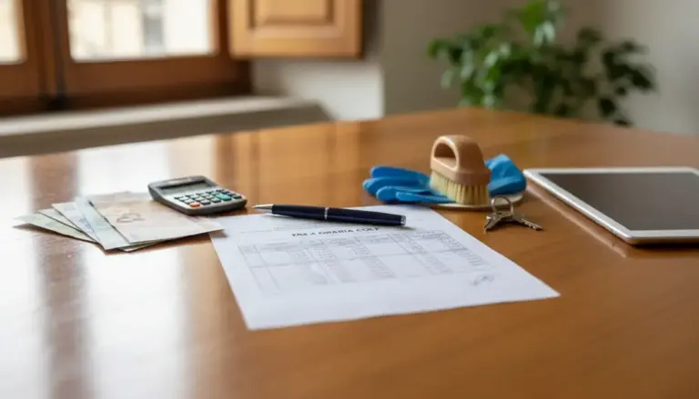 Documenti di paga per colf con calcolatrice, banconote in euro e strumenti per pulizie su un tavolo