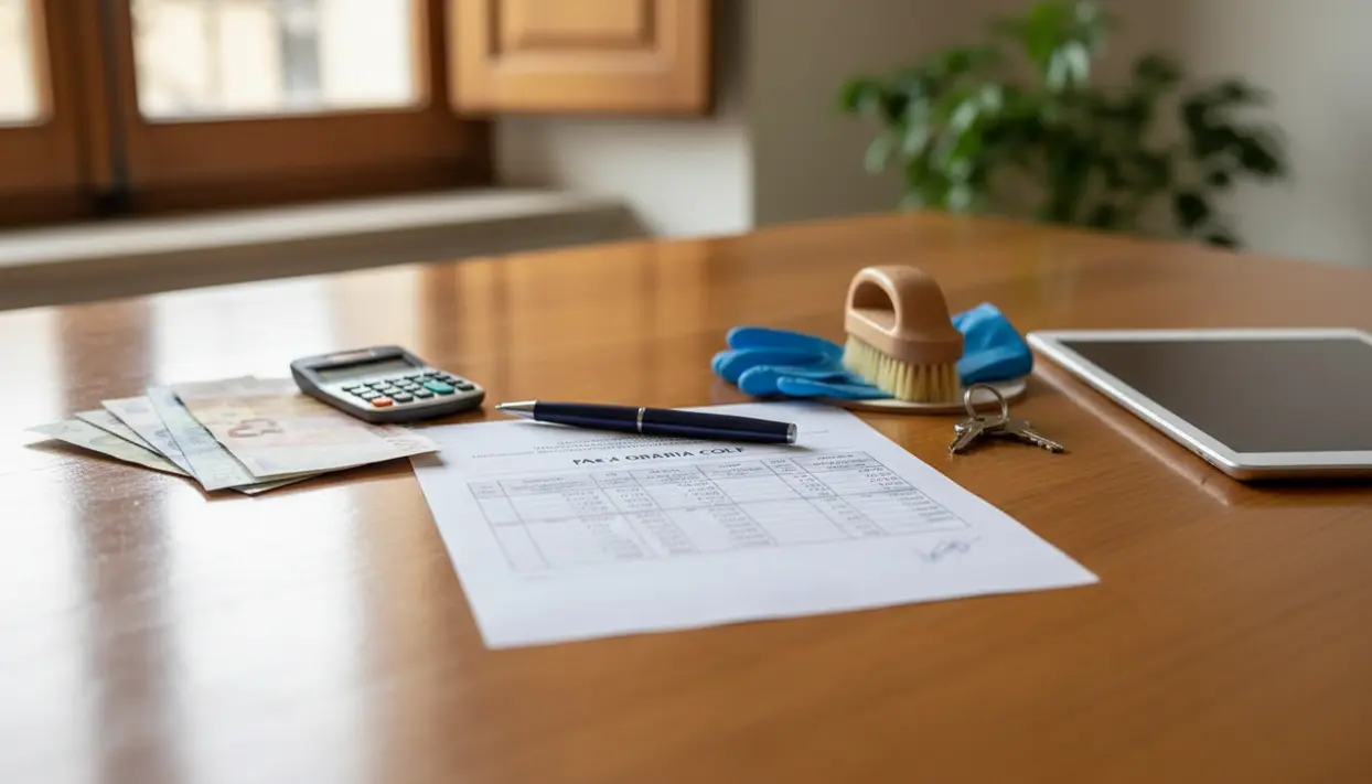 Documenti di paga per colf con calcolatrice, banconote in euro e strumenti per pulizie su un tavolo