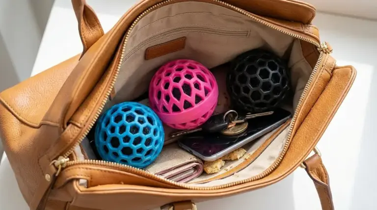 Interno di borsa in pelle con palline pulisci borsa colorate, accanto a telefono, chiavi e briciole