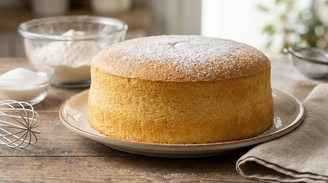 Pan di Spagna senza uova alto e soffice su un piatto di ceramica, con ingredienti sullo sfondo