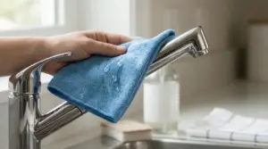 Mano che pulisce un rubinetto in acciaio con panno in microfibra umido per farlo brillare