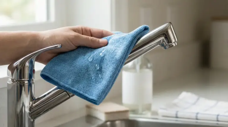 Mano che pulisce un rubinetto in acciaio con panno in microfibra umido per farlo brillare