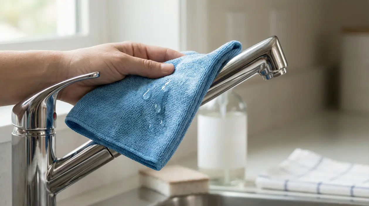 Mano che pulisce un rubinetto in acciaio con panno in microfibra umido per farlo brillare