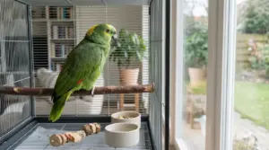 Pappagallo verde su un posatoio all'interno di una gabbia vicino a una finestra luminosa