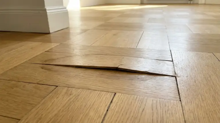 Parquet in legno sollevato con doga deformata in un interno domestico