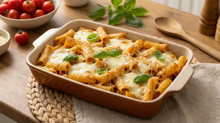 Pasta al forno fatta in casa con formaggio fuso e basilico in una pirofila