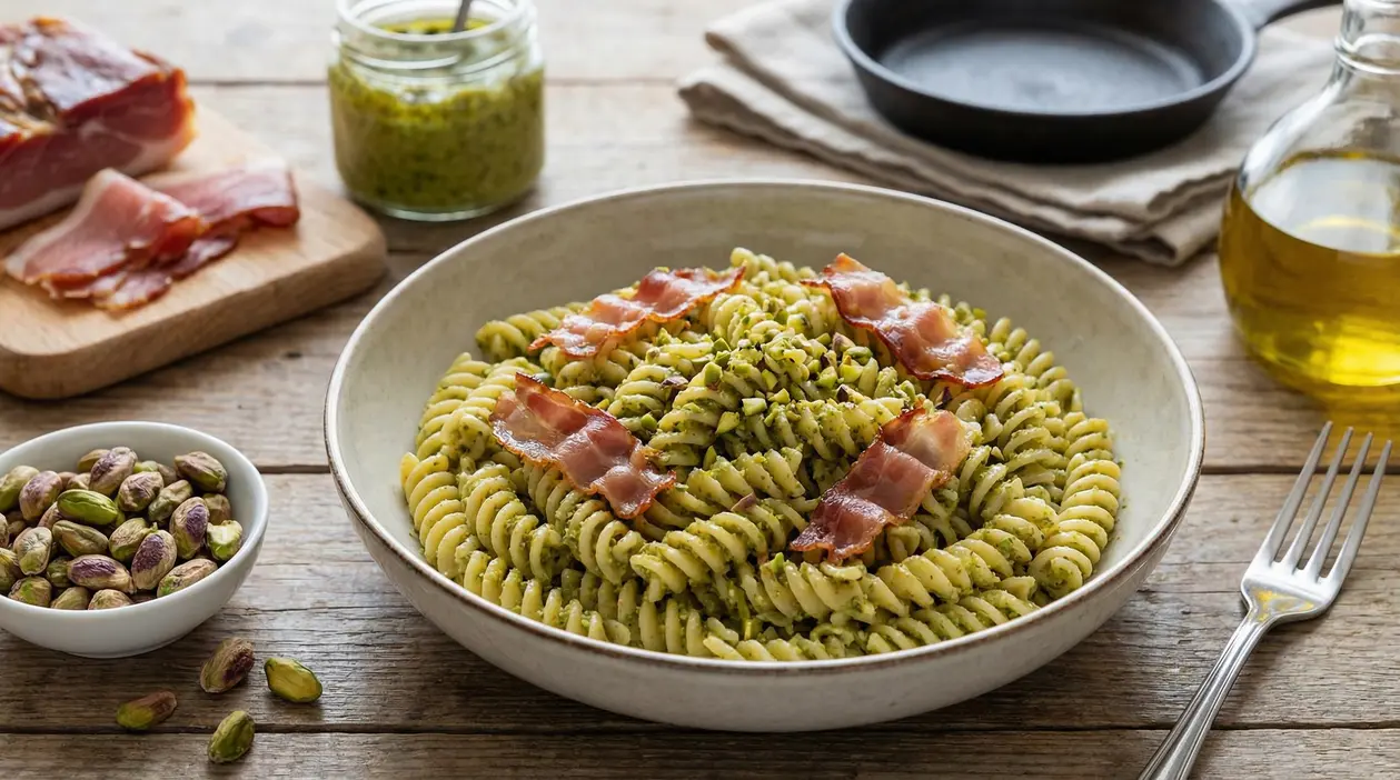 Piatto di fusilli al pesto di pistacchi con fette di speck croccante