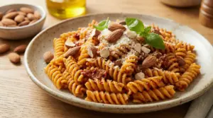 Piatto di fusilli con pomodori secchi, mandorle, basilico e formaggio grattugiato