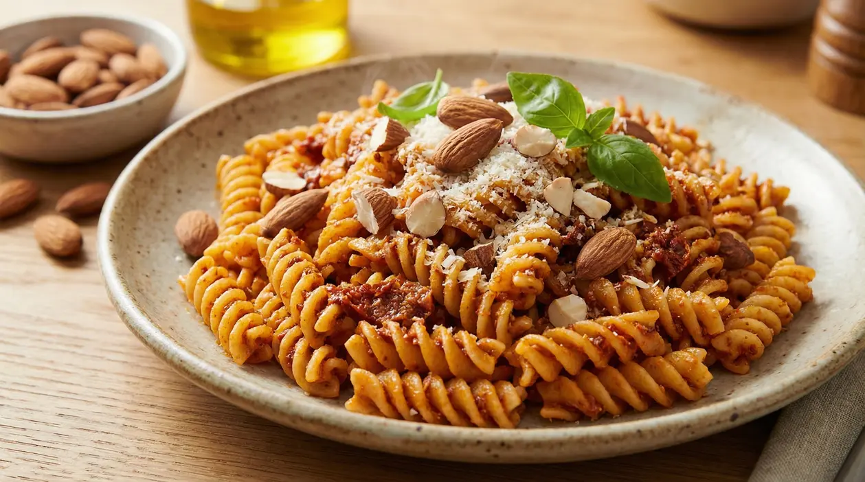 Piatto di fusilli con pomodori secchi, mandorle, basilico e formaggio grattugiato