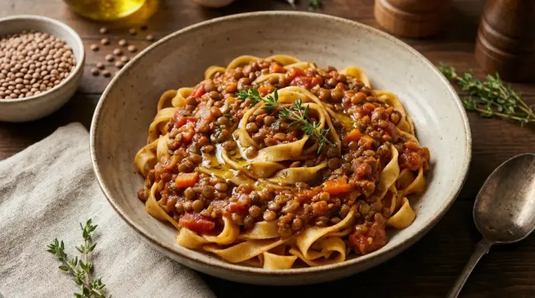 Piatto di tagliatelle con ragù di lenticchie servito con rametto di timo