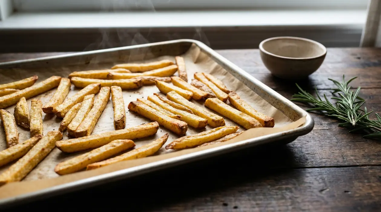 Patatine fritte croccanti al forno su una teglia, senza olio