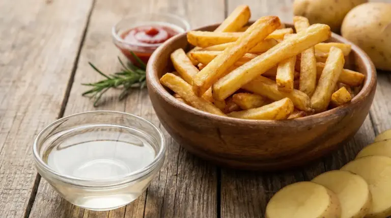 Ciotola di patatine fritte croccanti con patate e ingredienti su tavolo rustico