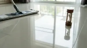 Pavimento lucido appena lavato con un mocio e una clessidra, in una stanza luminosa