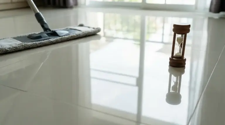 Pavimento lucido appena lavato con un mocio e una clessidra, in una stanza luminosa