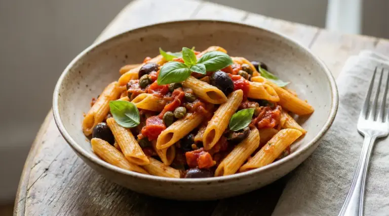 Piatto di penne alla sciaguratella con olive, capperi, pomodoro e basilico fresco