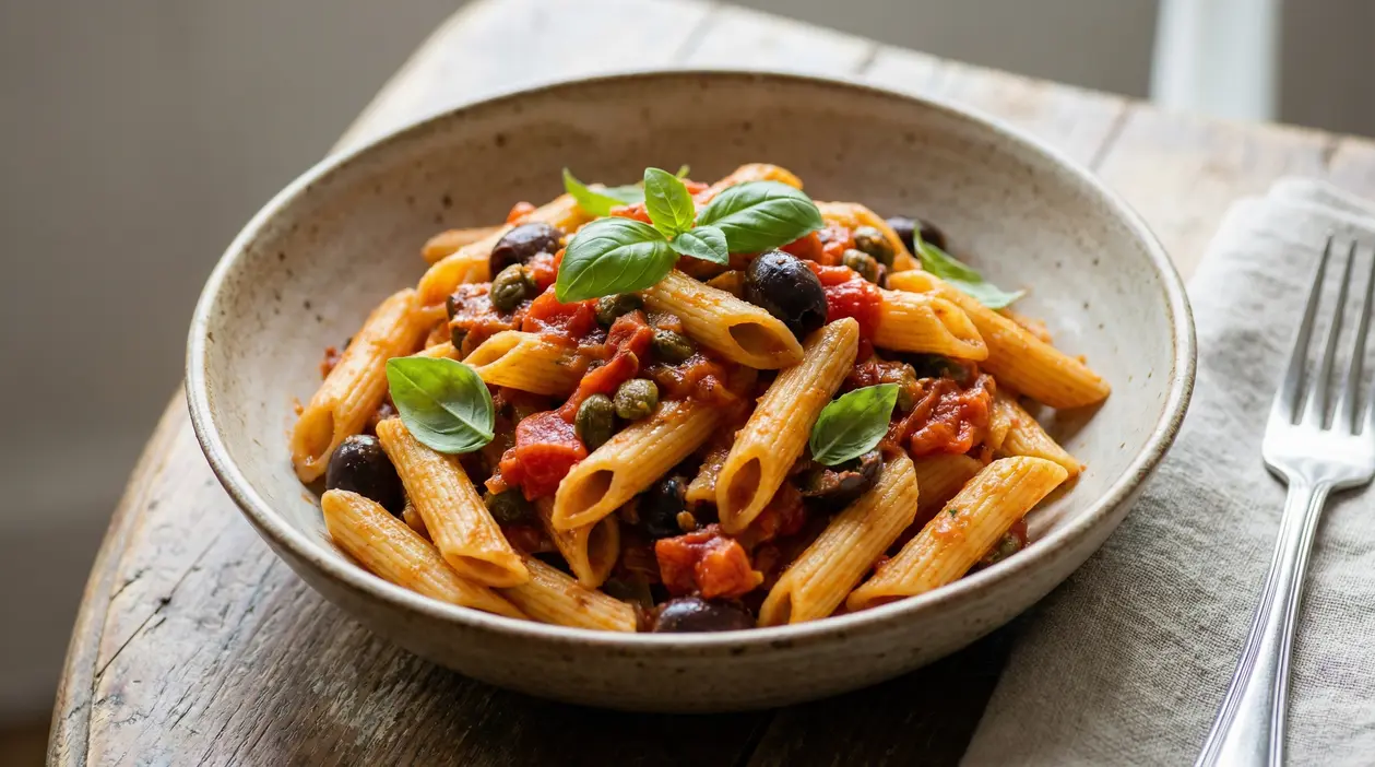 Piatto di penne alla sciaguratella con olive, capperi, pomodoro e basilico fresco