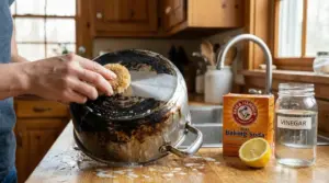 Persona che strofina una pentola annerita con una spazzola, vicino a bicarbonato, aceto e limone sul piano cucina.