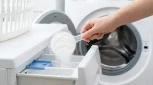 Mano che versa percarbonato di sodio nel cassetto detersivo della lavatrice a carica frontale