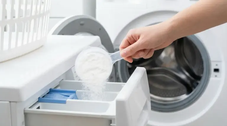 Mano che versa percarbonato di sodio nel cassetto detersivo della lavatrice a carica frontale