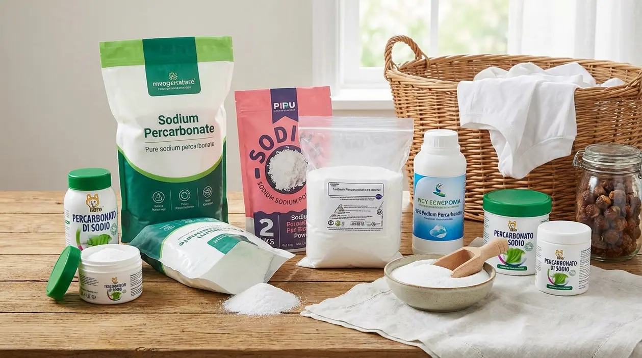 Confezioni di percarbonato di sodio e polvere in ciotola su tavolo, con cesto di bucato bianco sullo sfondo