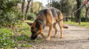 Cane al guinzaglio annusa il terreno durante una passeggiata in un parco