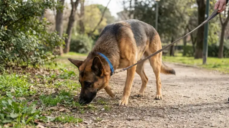 Cane al guinzaglio annusa il terreno durante una passeggiata in un parco