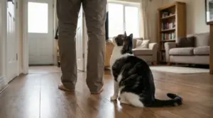 Gatto che guarda una persona in piedi in un corridoio di casa