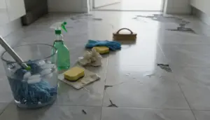 Secchio con acqua e ghiaccio, mocio e detergente su pavimento in piastrelle con crepe e macchie d’acqua