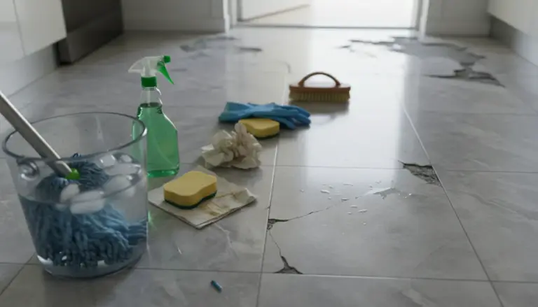Secchio con acqua e ghiaccio, mocio e detergente su pavimento in piastrelle con crepe e macchie d’acqua