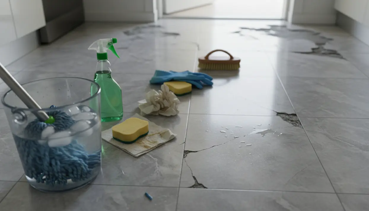 Secchio con acqua e ghiaccio, mocio e detergente su pavimento in piastrelle con crepe e macchie d’acqua