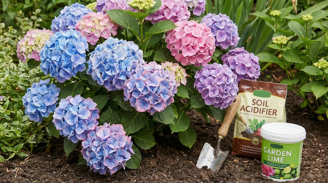 Ortensie dai fiori blu, rosa e viola in un giardino con prodotti per modificare il pH del terreno