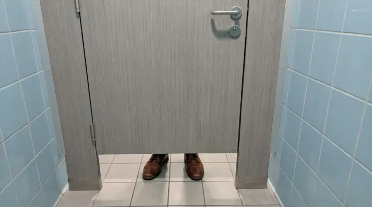 Porta di un bagno pubblico con spazio inferiore visibile e una persona all'interno