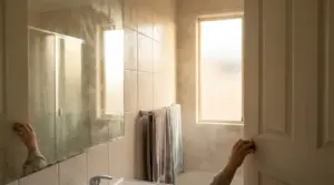 Bagno umido dopo la doccia con porta socchiusa, finestra appannata e vapore nell’ambiente