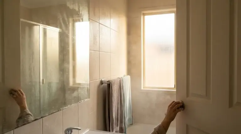 Bagno umido dopo la doccia con porta socchiusa, finestra appannata e vapore nell’ambiente